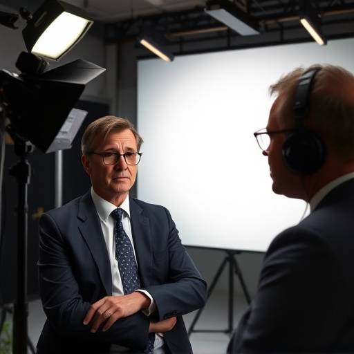 Stillbillede fra et firma interview med en CEO i et professionelt studie.
